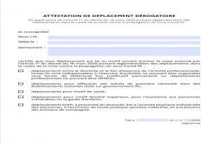 Attestation de déplacement dérogatoire Covid-19