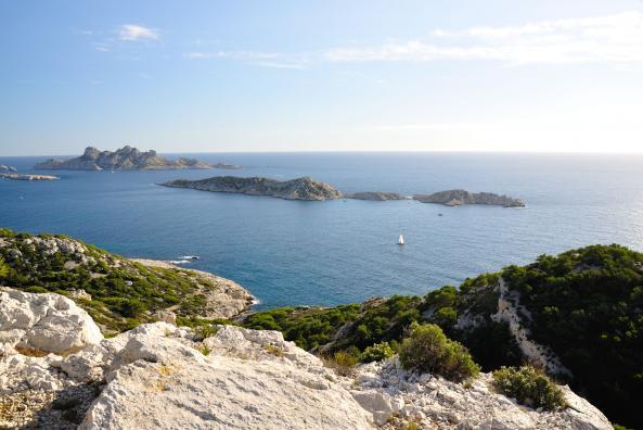 Au premier plan, les îles de Jarron et Jarre devancent l'île principale de Riou